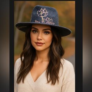 NWT Jessica Simpson Floral Fall Fedora Bohemian Hat in Blue with Pastel flowers